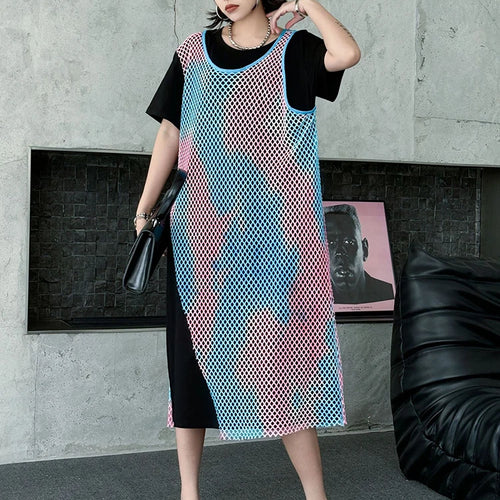 Load image into Gallery viewer, Women Green Colorful Spliced Big Size Midi Dress New Round Neck Short Sleeve Fashion Tide Spring Summer 2025 1DJ1155
