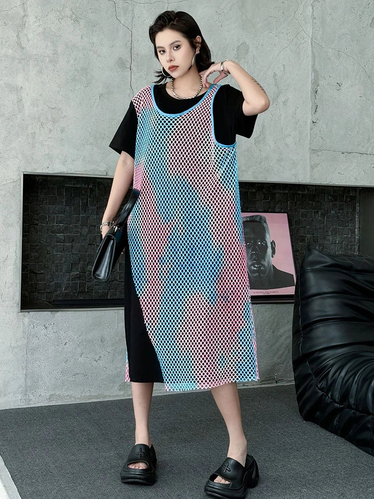 Women Green Colorful Spliced Big Size Midi Dress New Round Neck Short Sleeve Fashion Tide Spring Summer 2025 1DJ1155