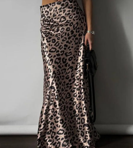 Satin Leopard Print Long Skirt Women Fashion High Waist Maxi Fishtail Skirt Ladies Fashion With Zipper Sexy Skirts
