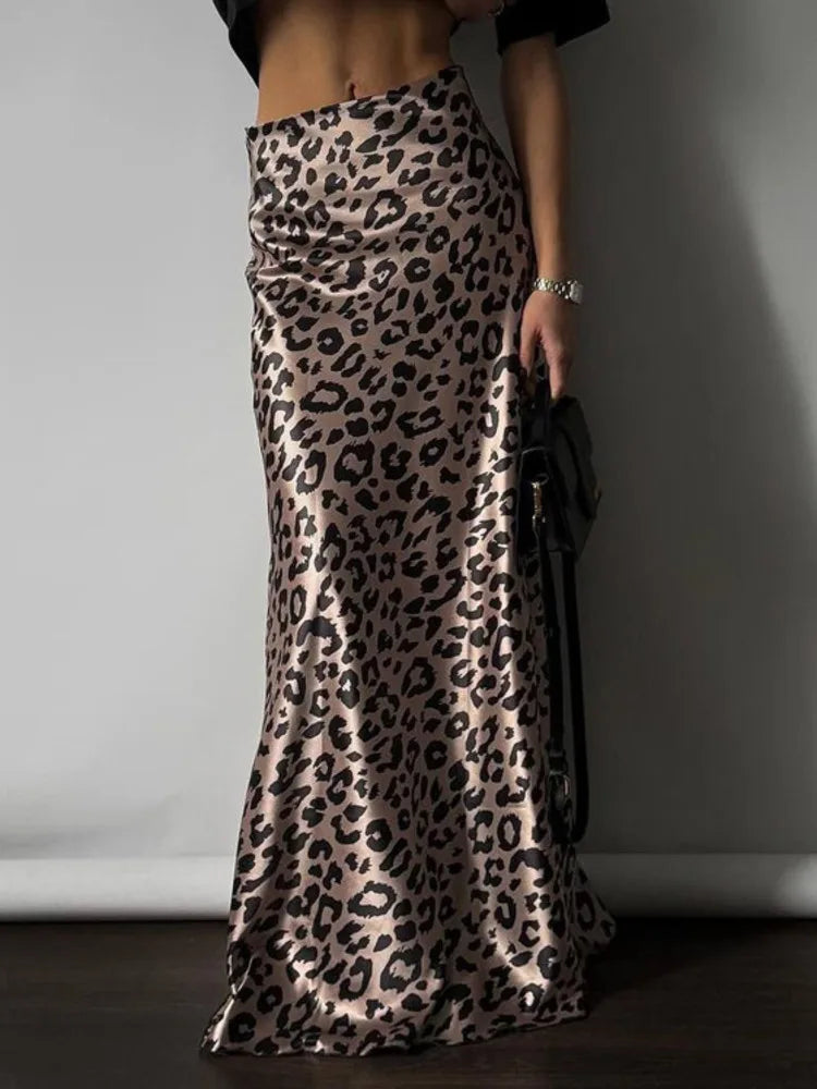 Satin Leopard Print Long Skirt Women Fashion High Waist Maxi Fishtail Skirt Ladies Fashion With Zipper Sexy Skirts