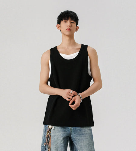 Men's Vest Fake Two Pieces Sleeveless T-shirt Solid Color Pullover T-shirts Casual Men Top Summer Trend 2025 9W1298