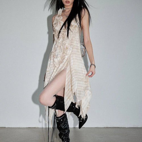 Load image into Gallery viewer, Women Apricot Printed Ruffles Irregular Backless Mini Dress New Halter Sleeveless Fashion Tide Spring Summer 2025 1DJ1462
