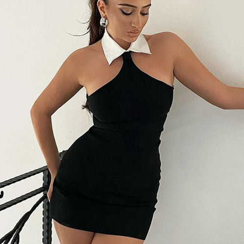Load image into Gallery viewer, Halter Sleeveless Sexy Mini Dress For Women Fashion Patchwork Off-shoulder Backless Skinny Club Sexy Party Dress
