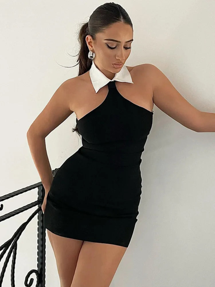 Halter Sleeveless Sexy Mini Dress For Women Fashion Patchwork Off-shoulder Backless Skinny Club Sexy Party Dress