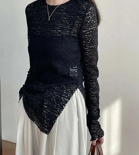Women White Lace Perspective Side Slit Elegant T-shirt New Round Neck Long Sleeve Fashion Spring Autumn 2025 1DH9845