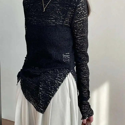 Load image into Gallery viewer, Women White Lace Perspective Side Slit Elegant T-shirt New Round Neck Long Sleeve Fashion Spring Autumn 2025 1DH9845
