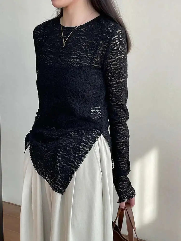 Women White Lace Perspective Side Slit Elegant T-shirt New Round Neck Long Sleeve Fashion Spring Autumn 2025 1DH9845