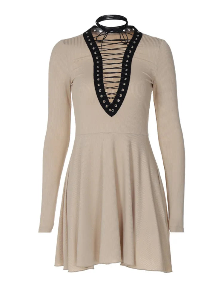 Autumn/Winter Women New Sexy Deep V-neck Long Sleeved Dress Hollow Lace Up Waist Wrap Elegant Party Evening Dress