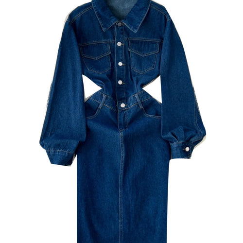 Load image into Gallery viewer, Retro Fashion 2024 Autumn Women's Blue Temperament Single Breasted Slim Dresses Korean Long Sleeved Vacation Denim Dress Popular
