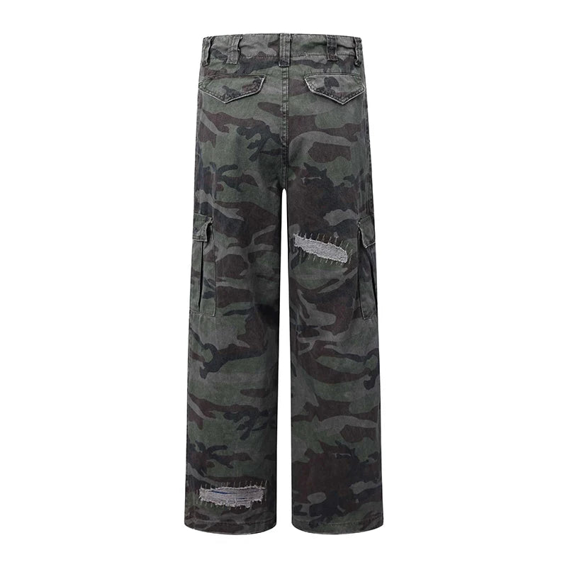 Men's Casual Pants New Summer Straight Wide Leg New American High Street Trendy Hole Design Male Loose Trousers 9W1888