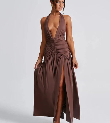 Sexy Hanging Collar Deep V-pleated Split Long Skirt For Women's Elegant Backless Bodycon Evening Dress Summer Partywear