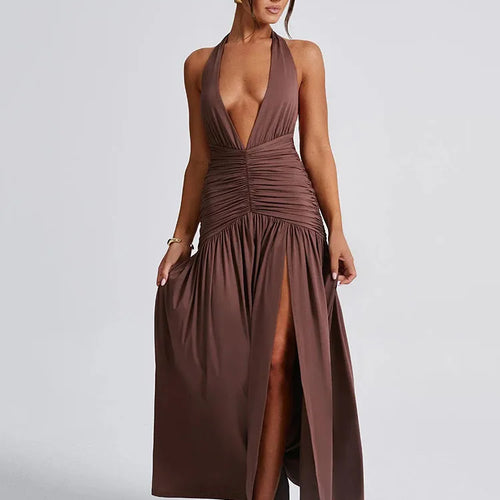 Load image into Gallery viewer, Sexy Hanging Collar Deep V-pleated Split Long Skirt For Women's Elegant Backless Bodycon Evening Dress Summer Partywear
