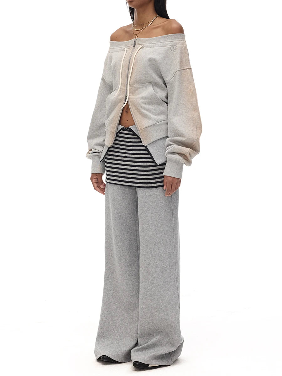 Solid Spliced Zipper Sweatershirts For Women Slash Neck Long Sleeve Patchwork Lace Up Top Female Fashion Style New