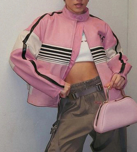 Fashion Pink Stripe Autumn Winter Jacket Women Spliced Zip Up PU Leather Coat Streetwear Coquette Clothes Outwear New