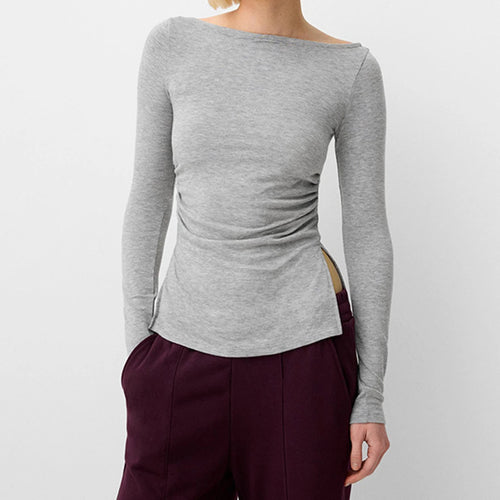 Load image into Gallery viewer, Sexy Crop Tops y2k Women Aesthetic Clothing Solid Color Long Sleeve Slit Hem T Shirts Fall Spring Clothes Streetwear
