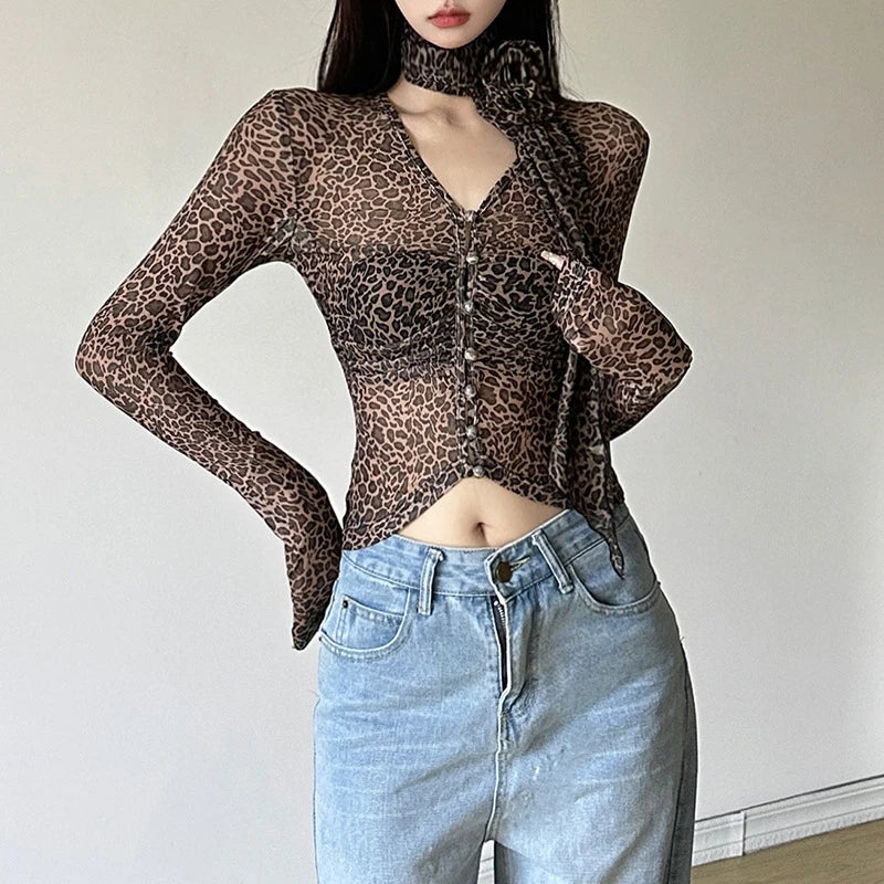 Leopard Tops Women Grunge Clothes See Through V Neck Long Sleeve Button T Shirts with Scarf y2k Clothing Streetwear
