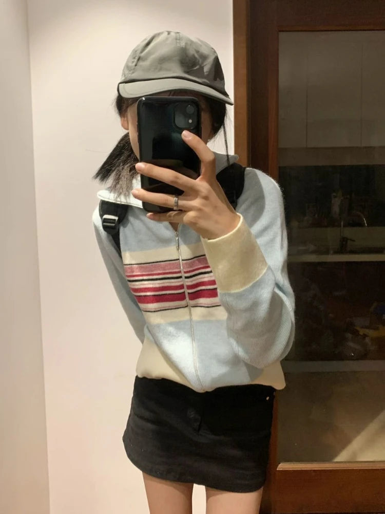 Vintage Ins Fashion Striped Cardigan Women Autumn Thin Casual Slim Knit Sweater Coat Y2k Aesthetic Grunge Kardigan Cute