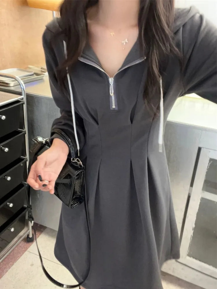 Korean School Sport Oversize Hood Dress Women Kpop Fashion Streetwear Design Student Mini Short Dresses Autumn