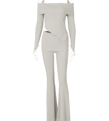 Casual 2 Pcs Sets Solid Slash Neck Long Sleeve Irregular Sexy Top Wide Leg Pants Fall Women Y2K Outfit Streetwear Sport