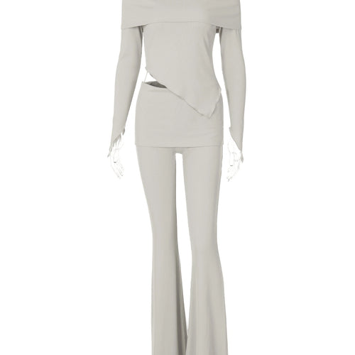 Load image into Gallery viewer, Casual 2 Pcs Sets Solid Slash Neck Long Sleeve Irregular Sexy Top Wide Leg Pants Fall Women Y2K Outfit Streetwear Sport
