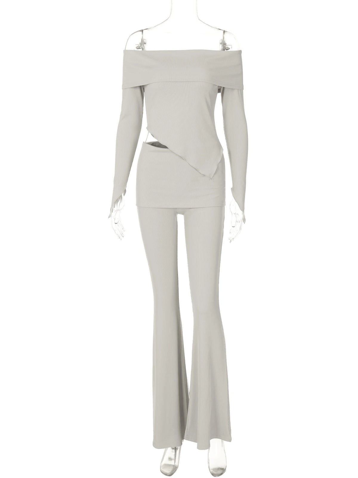 Casual 2 Pcs Sets Solid Slash Neck Long Sleeve Irregular Sexy Top Wide Leg Pants Fall Women Y2K Outfit Streetwear Sport