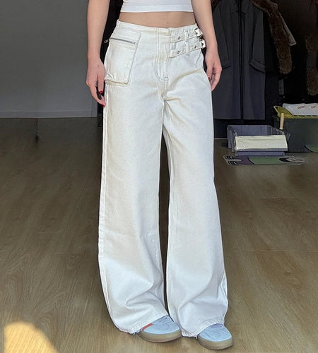 White Chic Waist Fake Belt Design Cargo Jeans Women's Streetwear Straight Leg Loose Denim Trousers Button-Fly Bottoms
