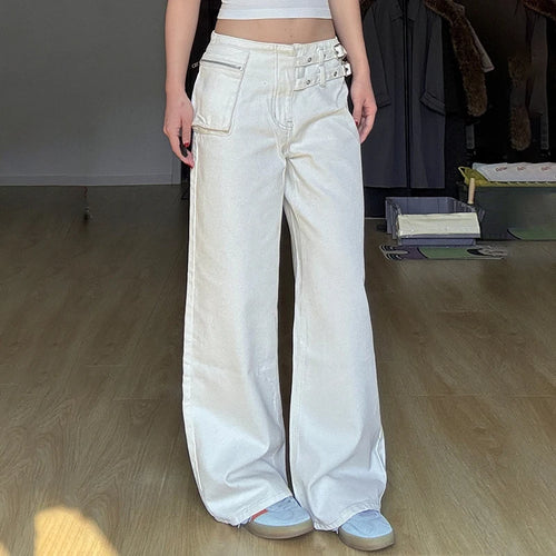 Load image into Gallery viewer, White Chic Waist Fake Belt Design Cargo Jeans Women's Streetwear Straight Leg Loose Denim Trousers Button-Fly Bottoms
