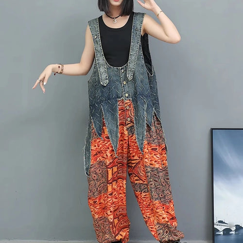 Load image into Gallery viewer, High Waist Blue Denim Irregular Printed Casual Overalls Jeans New Women Trousers Fashion Tide Spring Autumn 2025 1DJ1350
