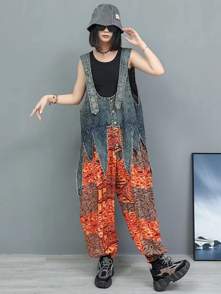 High Waist Blue Denim Irregular Printed Casual Overalls Jeans New Women Trousers Fashion Tide Spring Autumn 2025 1DJ1350