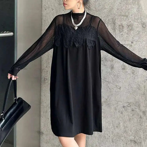 Load image into Gallery viewer, Women Black Mesh Lace Big Size Elegant Knee-Length Dress New Turtleneck Long Sleeve Fashion Spring Autumn 2025 1DH8734
