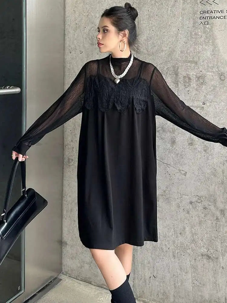 Women Black Mesh Lace Big Size Elegant Knee-Length Dress New Turtleneck Long Sleeve Fashion Spring Autumn 2025 1DH8734