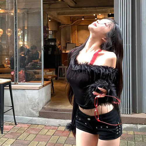 Load image into Gallery viewer, Off Shoulder Sexy Woman T Shirts Patchwork Feather Tunic Tees Fashion Korean Camisetas Y2k Tops Slash Neck Fashion Crop Tshirt
