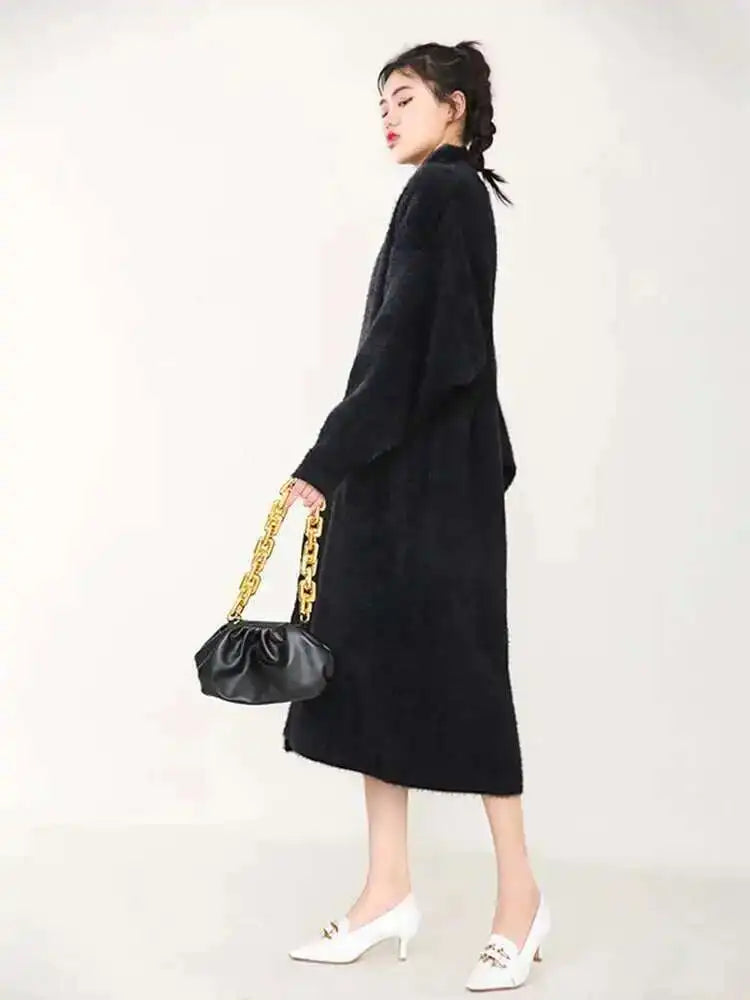 Black Big Size Long Knitting Sweater Cardigan Loose Fit V-Neck Long Sleeve Women New Fashion Spring Autumn 2025 JH2480