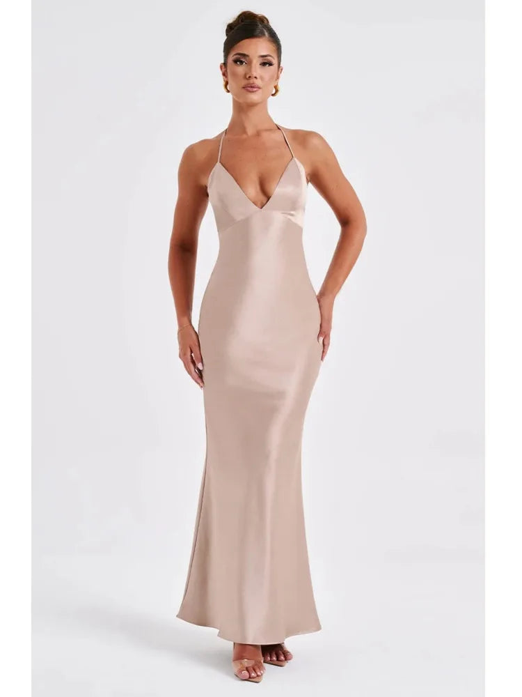 Sexy Sleeveless Backless Slim Fitting Dress For Women Elegant Party Evening Long Dress Satin Temperament Female Vestidos