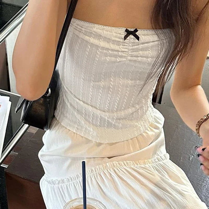 Korean Sweet White Y2K Tube Top Women Short Strapless Twisted Bow Harajuku Y2K Aesthetic Summer Tank Tops Bandeau New