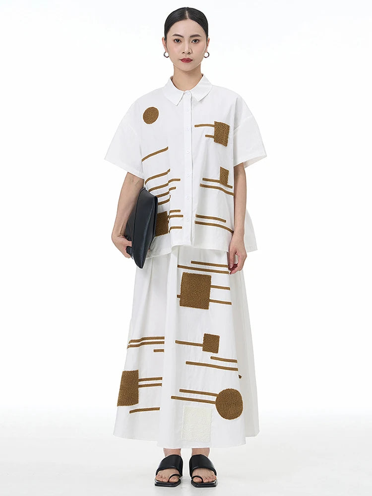 Women White Patch Spliced Big Size Casual Blouse New Lapel Short Sleeve Shirt Fashion Tide Spring Summer 2025 1DJ1495