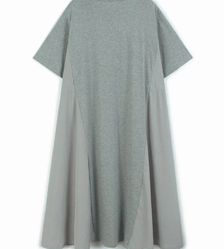Women Gray Drawstring Pocket Big Size Midi Dress New Round Neck Short Sleeve Fashion Tide Spring Summer 2025 1DJ1193