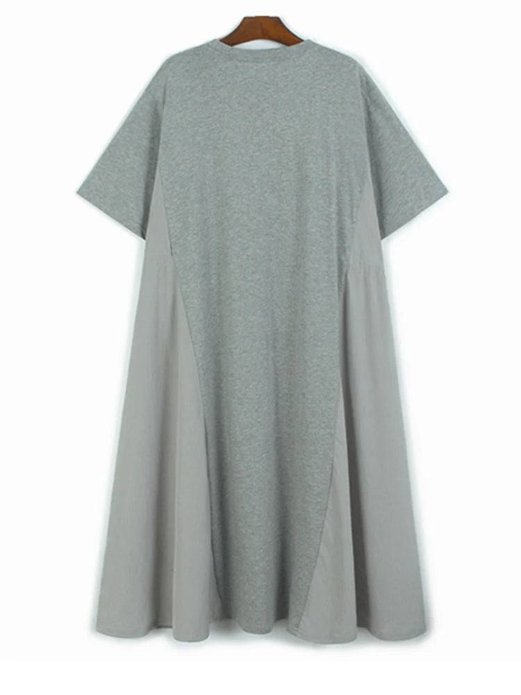Women Gray Drawstring Pocket Big Size Midi Dress New Round Neck Short Sleeve Fashion Tide Spring Summer 2025 1DJ1193