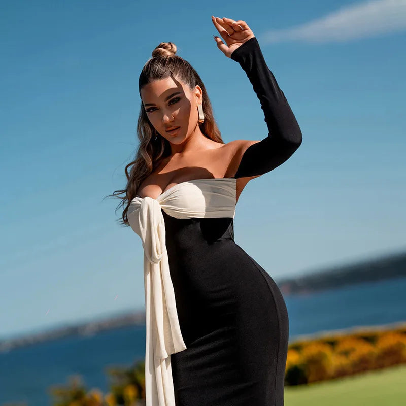 Patchwork Off-shoulder Sexy Maxi Dress For Women Gown Contrast Color Strapless Long Sleeve Bodycon Sexy Long Dress