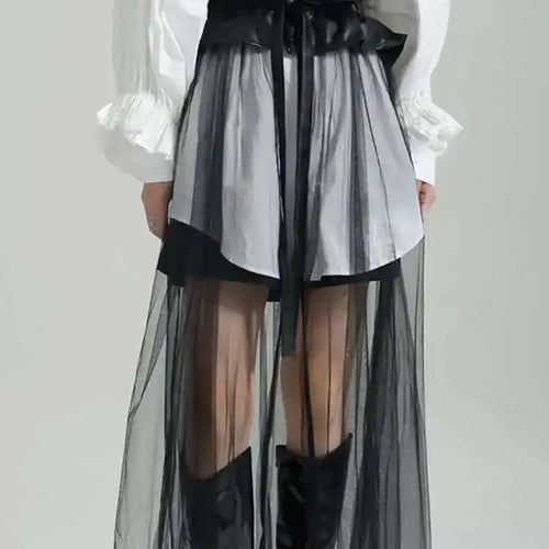Load image into Gallery viewer, High Waist Black Pu Leather Ruffles Mesh Long Elegant Half-body Skirt Women Fashion Tide New Spring Autumn 2025 1DF6219
