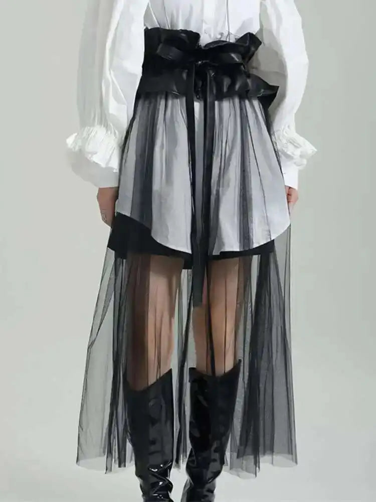 High Waist Black Pu Leather Ruffles Mesh Long Elegant Half-body Skirt Women Fashion Tide New Spring Autumn 2025 1DF6219