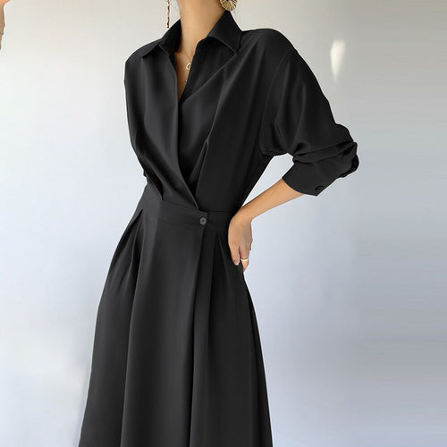 Load image into Gallery viewer, Patchwork Folds Dresses For Women Lapel Long Sleeve High Waist Tunic Slimming Solid Temperament Dress Female
