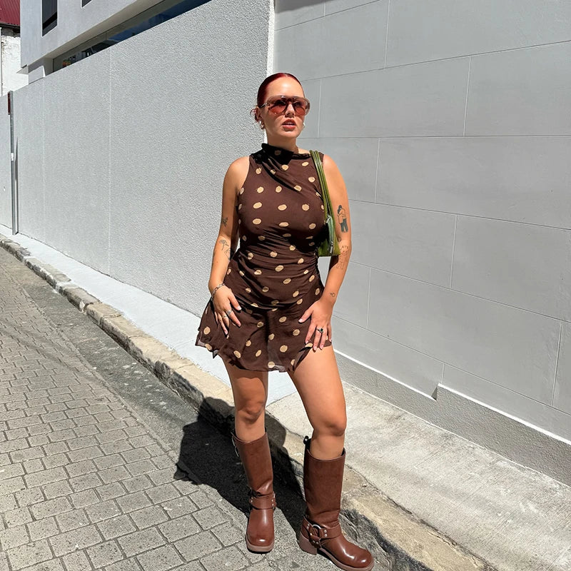 Sleeveless Polka Dot Dress For Woman Fashion Brown Print Mesh O Neck Ruched Mini Dress Elegant Irregular Dresses