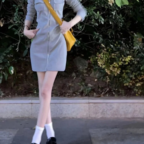 Load image into Gallery viewer, Korean Zip Hooded Mini Dress Kpop Fashion Streetwear Bodycon Pockets Wrap Sport Mini Short Dresses Autumn

