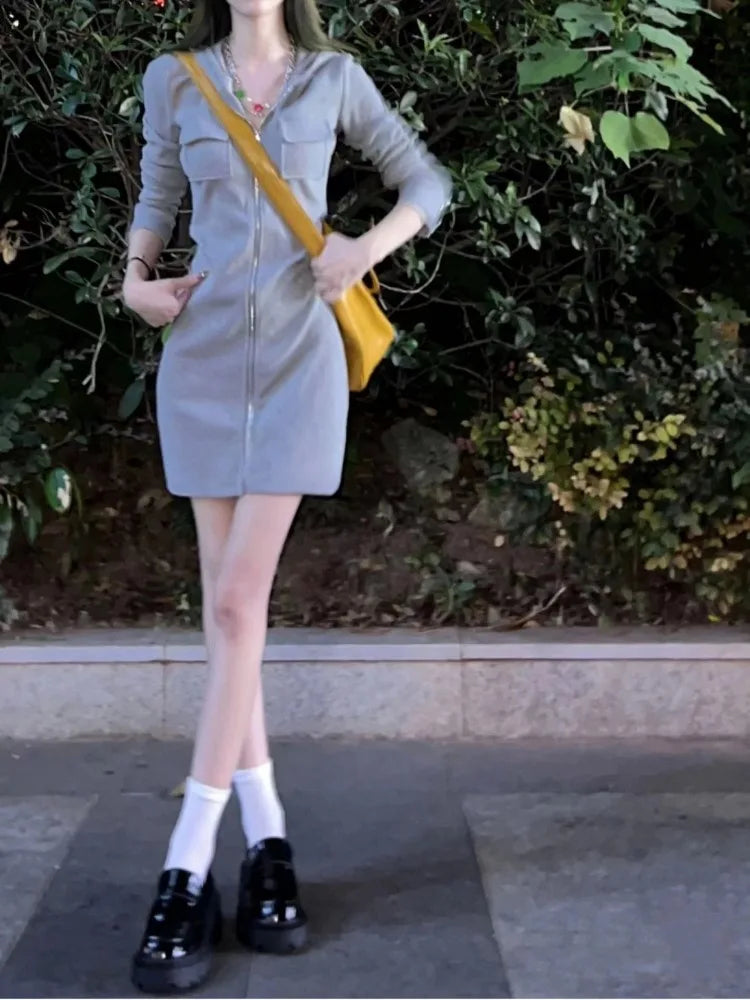 Korean Zip Hooded Mini Dress Kpop Fashion Streetwear Bodycon Pockets Wrap Sport Mini Short Dresses Autumn