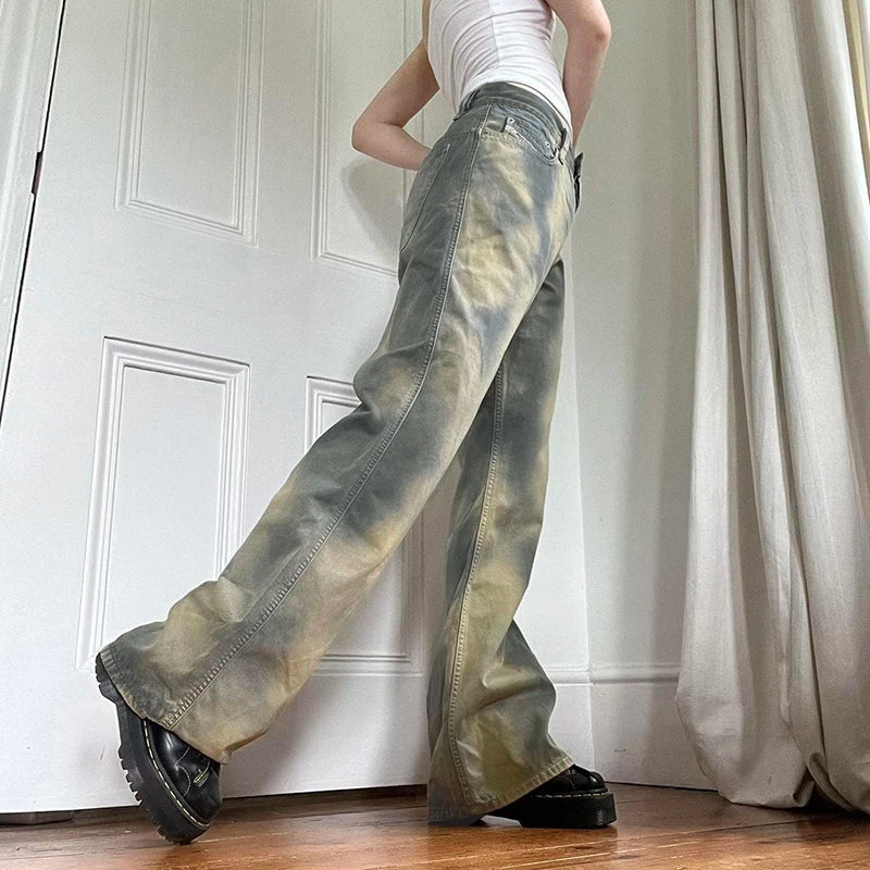 Grunge Gradient Y2K Design Women Jeans Distressed Tie Dye Denim Trousers 2000s Aesthetic Boot Out Pants Vintage Capri