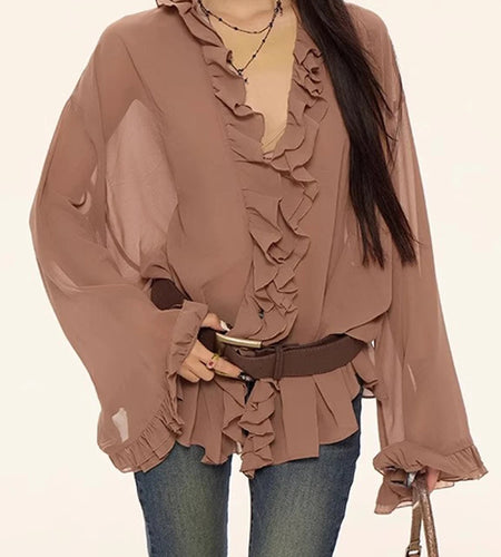 Solid Loose Sheer Spliced Fungus Folds Blouses for Women V Neck Long Sleeves Patchwork Belt Elegant Blouse Female