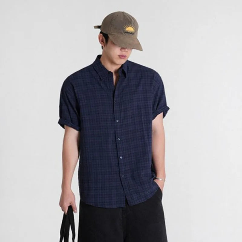 Men's Plaid Short Sleeve Shirts New Summer Single Breasted Korean Handsome Turn-down Collar Trendy Male Clothing 9W1633