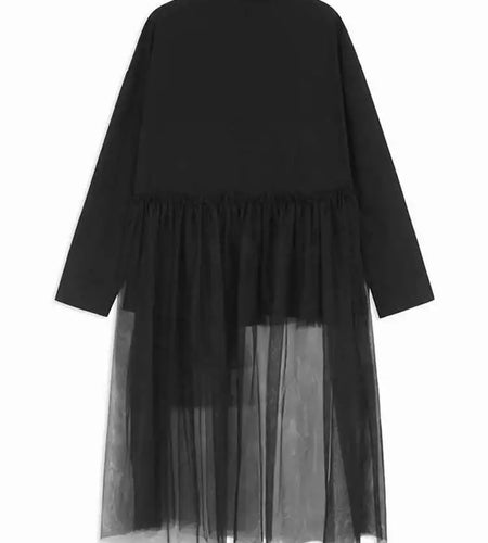 Women Black Mesh Irregular Spliced Long Big Size Blouse New Lapel Long Sleeve Shirt Fashion Spring Autumn 2025 1DH7624