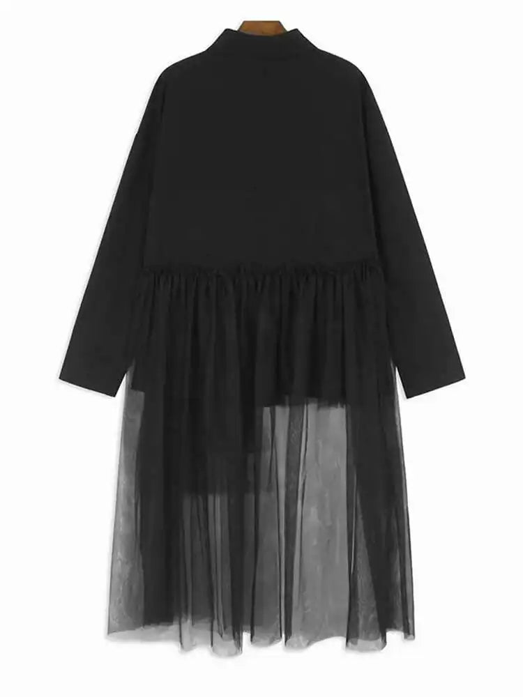 Women Black Mesh Irregular Spliced Long Big Size Blouse New Lapel Long Sleeve Shirt Fashion Spring Autumn 2025 1DH7624